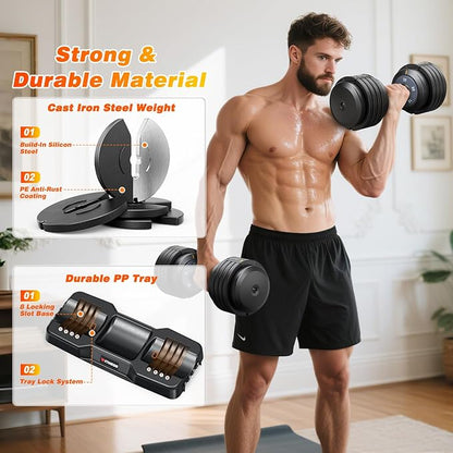XDDIAS Adjustable Dumbbell Set of 2, 25/55/80LB Dumbbell Set-1Sec Adjustable Weights-5/10 in 1 Free Weights Dumbbells Set with Effortless Tray/No-Slip Handle-Compact Size for Women/Men at Home Gym