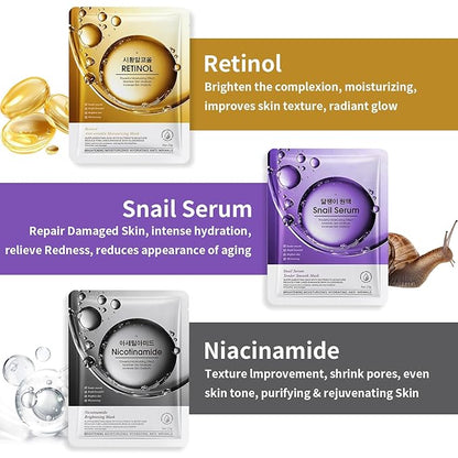 12 Pack Sheet Face Masks Skincare (Collagen, Hyaluronic acid, Snail, Retinol, Vitamin C, Niacinamide) Collagen Face Mask Hydrating Face Masks for Women Skin Care, Moisturizing, Brightening, Anti-Aging