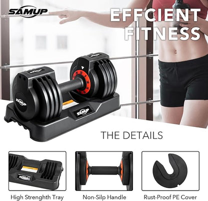 25/55 lbs Pair Adjustable Dumbbells Set, Adjustable Weights Dumbbells Set for Men and Women with Anti-Slip Fast Adjust Weight by Turning Handle,Black Dumbbell with Tray