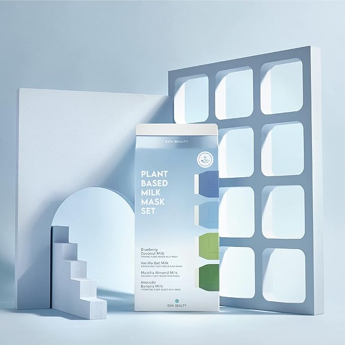 ESW Beauty Plant-Based Milk Face Masks - 8-Pack Variety Set - Hydrating, Radiance, Firming & Soothing with Avocado, Matcha, Blueberry, Vanilla & Oat Extracts for All Skin Types