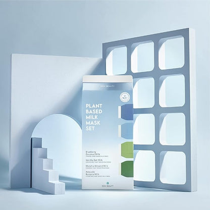 ESW Beauty Plant-Based Milk Face Masks - 8-Pack Variety Set - Hydrating, Radiance, Firming & Soothing with Avocado, Matcha, Blueberry, Vanilla & Oat Extracts for All Skin Types