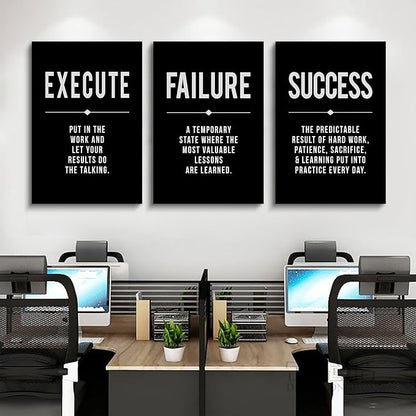 Framed Canvas Wall Art Success Quote, Office Wall Art, Black Large Poster, Positive Motivational Set of 3 Prints, Execute Failure Definition, Inspirational Print (A-3pcs,20x30inchx3pcs)