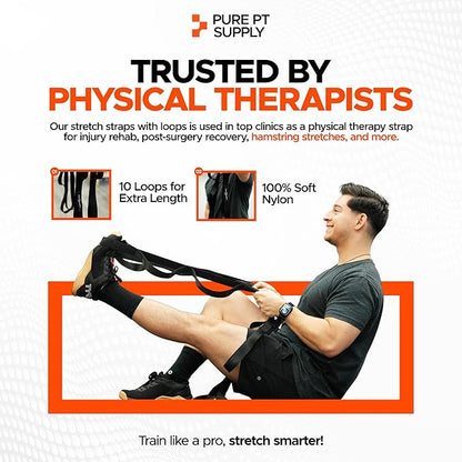 Pure PT Stretching Strap – Physical Therapist-Approved yoga straps for stretching | Premium Stretch Strap with 10 Loops for Yoga, Rehab, Injury Recovery & Flexibility, Expert Workouts Included