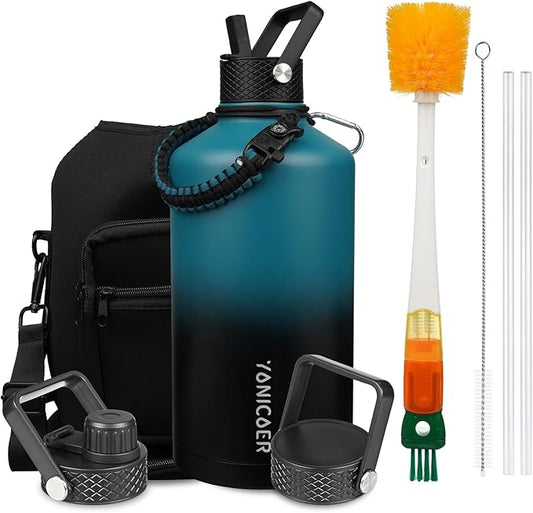 Insulated Water Bottle 64oz,Triple Wall Vacuum Stainless Steel(Dishwasher Safe),Leak Proof & Non-BPA,Flask Jug with Paracord Handle & Straw Spout Lids Sports
