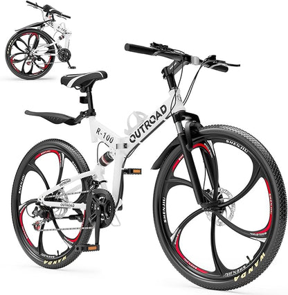 26 Inch Folding Mountain Bike, 21 Speed Full Suspension Bicycle with High-Carbon Steel, Dual Disc Brake Non-Slip Quick Release tire Folding Bicycle for Adults/Men/Women