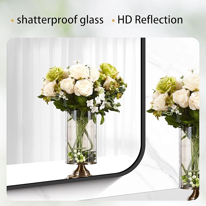 24" x 48"Bathroom Mirror, Matte Black Wall Mirror with Metal Frame, Decorative Rectangular Vanity Mirror for Bedroom Bathroom Living Room Entryway (Horizontal/Vertical)