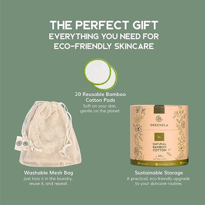 Greenzla Reusable Makeup Remover Pads (20 Pack) Washable Laundry Bag & Round Box for Storage, Reusable Bamboo Cotton Rounds for All Skin Types - Reusable Cotton Rounds for Face - Reusable Cotton Pads