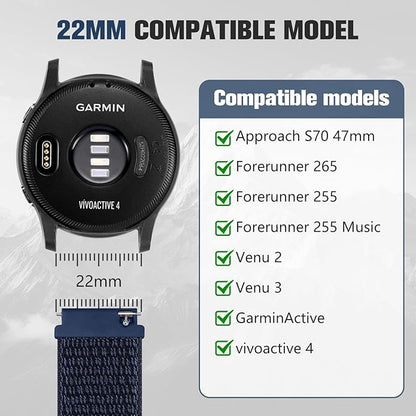 18mm 20mm 22mm Hook and Loop Watch Band Compatible with Garmin Vivoactive 5/ Vivoactive 6/ Vivoactive 3, Soft Nylon Breathable Sport Strap for Venu 2S/ Venu3S/ Forerunner 265s,Venu 3/ Venu 2 Men Women