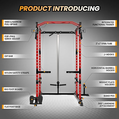 GaveeLife Power Cage, 2000 LBS Power Rack with Cable Cross-Over System, Multi-Functional Strength Training Squat Rack with LAT Pull Down System, Home Gym Equipment with Training Attachment, Red