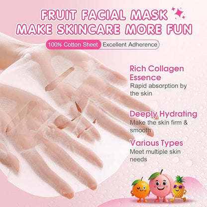 14 Pack Fruit Face Masks Skincare for Kids, Sheet Hydrating Facial Mask for All Skin Types, Bulk Collagen Face Mask for Women Skin Care, Birthday Party Spa Gifts for Teens Girls