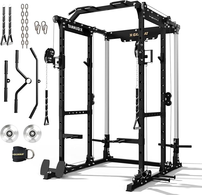 GXMMAT X6 Power Cage, 2200LB Multi-Function Power Rack with Independent Dual Aluminum Pulley System, Squat Rack for Home Gym Strength Training Equipment, Heavy-Duty Steel Construction