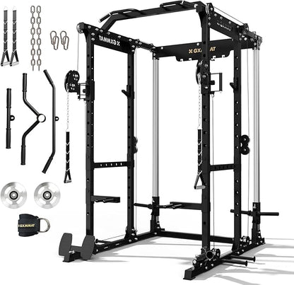 GXMMAT X6 Power Cage, 2200LB Multi-Function Power Rack with Independent Dual Aluminum Pulley System, Squat Rack for Home Gym Strength Training Equipment, Heavy-Duty Steel Construction