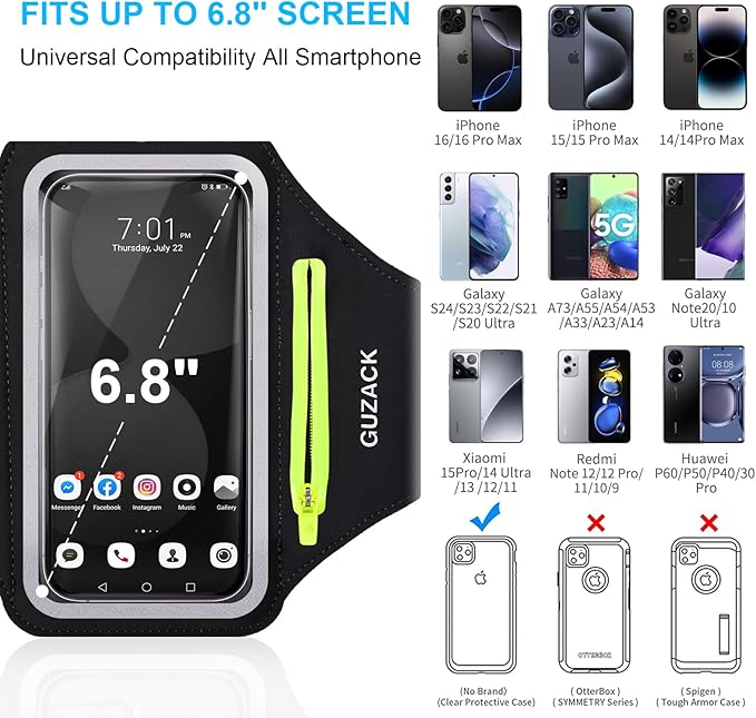 GUZACK Running Armband for iPhone 16 15 14 13 Pro Max, Galaxy S25 S24 S23 S22, with Card Slot & Key Pockets, Sports Arm Bands Phone Holder, Fit Up to 6.9 Inches Phone - Size L (Bigger Arm 14-17 in)