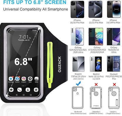 GUZACK Running Armband for iPhone 16 15 14 13 Pro Max, Galaxy S25 S24 S23 S22, with Card Slot & Key Pockets, Running Phone Holder, Fit Up to 6.9 Inches Phone - Size S (Smaller Arm 9-14 in)