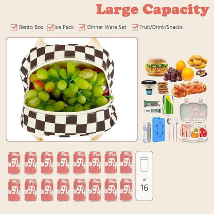 FlowFly Lunch Bag for Women Insulated Lunch Box Corduroy Lunch Tote Cooler for Travel Work Picnic,Corduroy Plaid Coffee