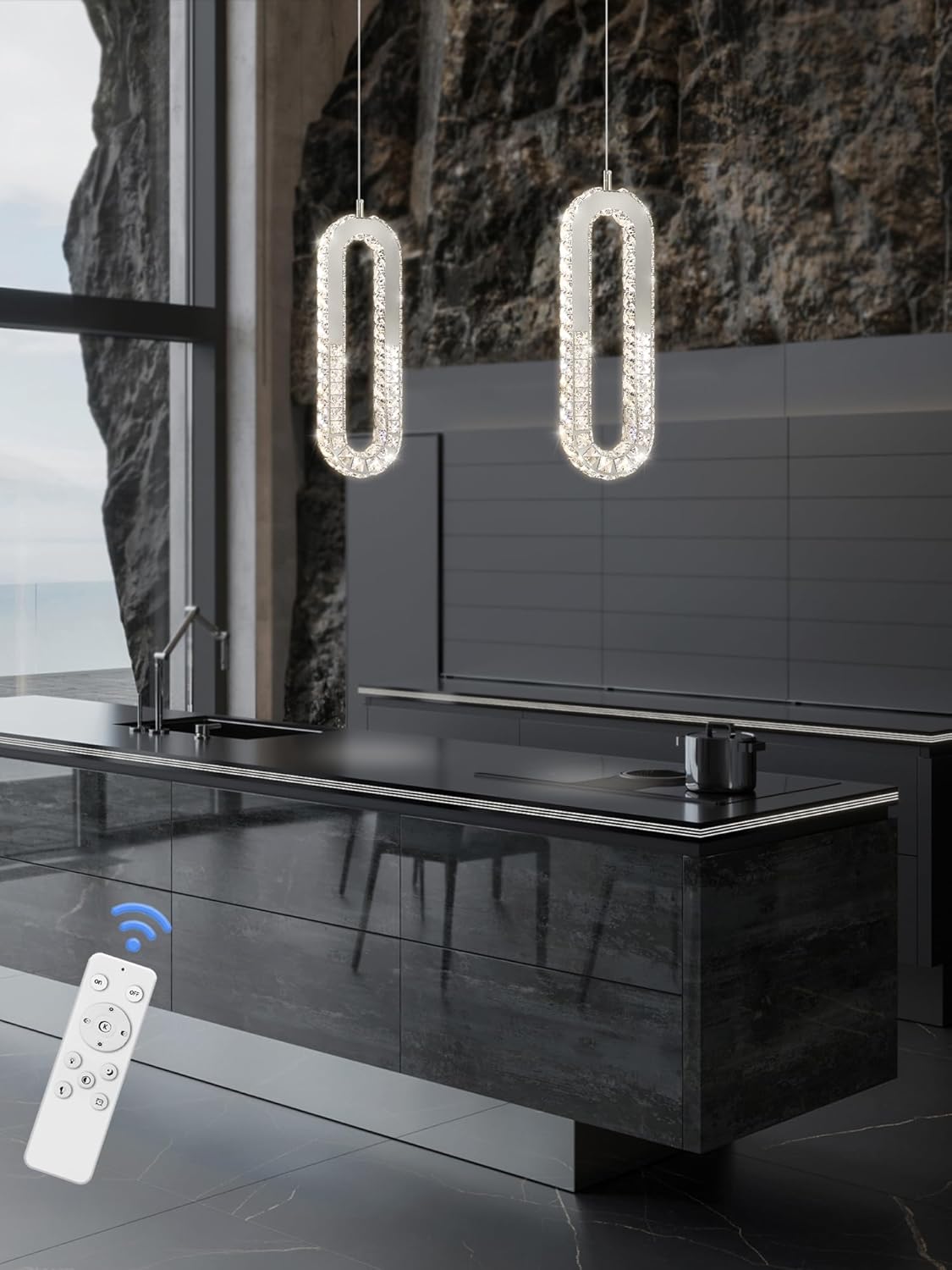 1-Ring Chandelier Silver Modern Pendant Lighting LED Dimmable Hanging Crystal Chandelier for Kitchen Island Foyer Lobby Living Room Staircaes