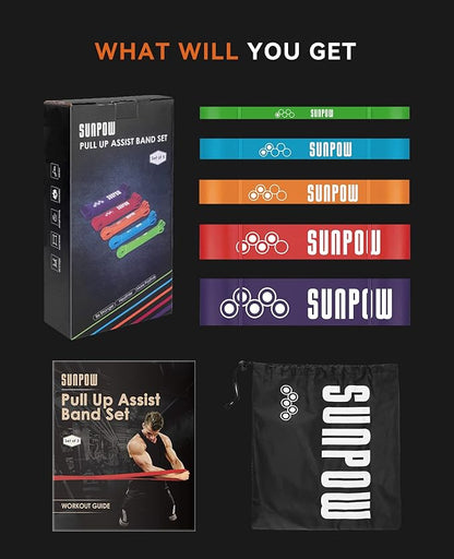 SUNPOW Pull Up Assistance Bands - Set of 5 Resistance Heavy Duty Workout Exercise Stretch Fitness Bands Assist Set for Body, Instruction Guide and Carry Bag Included