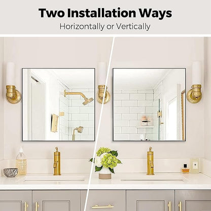 28x28 Inch Black Bathroom Mirror for Wall, Aluminum Frame Rectangle Rectangular Vanity Mirror, Modern Large for Bedroom, Living Room, Horizontal or Vertical