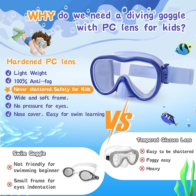 Kids Swim Goggles 180° Snorkel Diving Mask with Nose Cover, Anti-Fog Kids Swimming Goggles with Elastic Fabric Strap for Kids Boys Girls