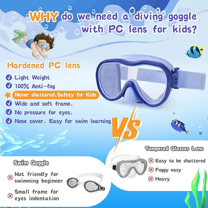 Kids Swim Goggles 180° Snorkel Diving Mask with Nose Cover, Anti-Fog Kids Swimming Goggles with Elastic Fabric Strap for Kids Boys Girls