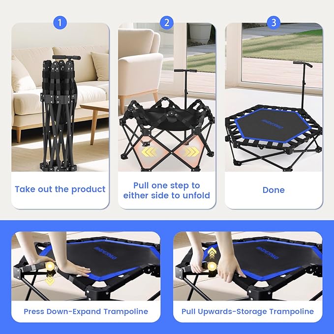 Foldable Mini Trampoline, Rebounder Trampoline with Adjustable Foam Handle, Fitness Trampoline for Indoor, Outdoor, Home Gym, Max Load 460 lbs
