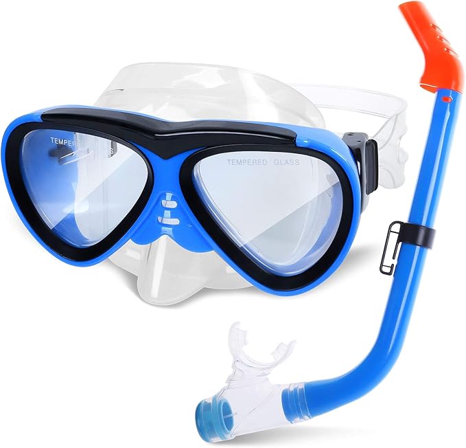 GreenLF Kids Snorkel Set, Anti-Fog Snorkeling Mask with Nose Covers for Youth Junior Child, Boys & Girls Age 5-12, Semi-Dry Diving Scuba Swimming Goggles Gear Packages