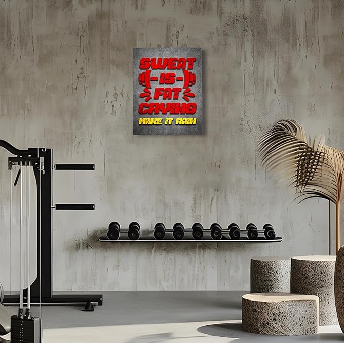 Gym Quotes Wall Art,Inspirational Workout Wall Decor,Sweat is Fat Crying Canvas Wall Art for Home Gym Exercise Fitness Room