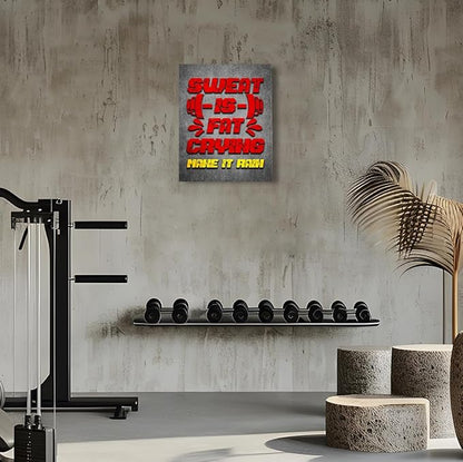 Gym Quotes Wall Art,Inspirational Workout Wall Decor,Sweat is Fat Crying Canvas Wall Art for Home Gym Exercise Fitness Room