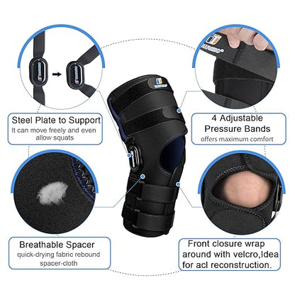 16inch Tall Hinged Knee Brace for Men/Women with Full Support with 4 Compression Straps,2 Metal Side Stabilizers,Breathe Air Spacer Drytex Wraparound for Knee Pain Relief,ACL,Arthritis,Meniscus