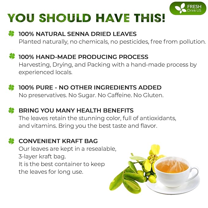 FreshDrinkUS, Permium 4.5oz Senna Leaves, 100% Natural & Pure from Senna Leaves, Senna Leaf Tea, Senna Loose Leaf Herbal Tea, No Additives, No Caffeine, Vegan