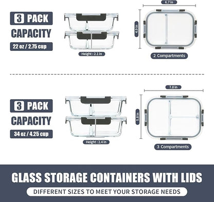 2 & 3 Compartment Meal Prep Containers - Glass Food Storage Lunch Containers with Lids, Bento Box, Portion Control, Freezer to Microwave Safe