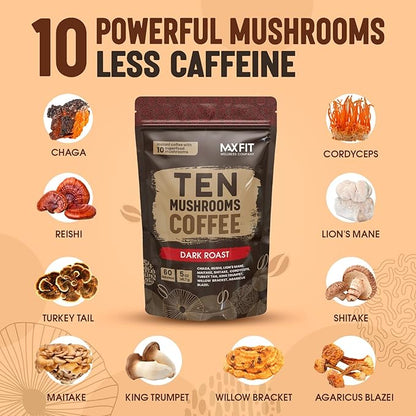 Instant Mushroom Coffee Dark Roast (60 Servings) With 10 Mushrooms (Lions Mane, Cordyceps, Turkey Tail & Other) Mixed With Gourmet 100% Arabica Instant Coffee for Focus & Gut Health Support