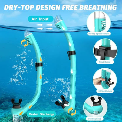 Full Face Snorkel Mask, Snorkeling Gear for Adults Men and Women, 180 Degrees Panoramic View Snorkel Set Anti-Fog Anti-Leak, Dry Top System and Travel Bag for Swimming, Snorkeling