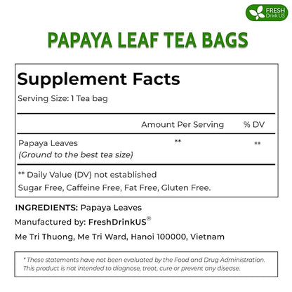 FreshDrinkUS, Premium 75 Papaya Leaf Tea Bags, 100% Natural & Pure from Papaya Leaves. Loose Leaf Papaya Herbal Tea. Made with Natural Material Tea Bags. No Sugar, No Caffeine, No Gluten, Vegan.