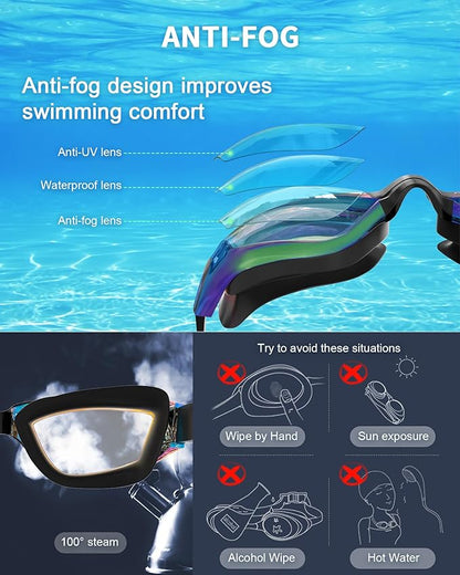 Kids Swim Goggles, Swimming Goggles for Kids with Nose Clip, Earplugs, Nose Bridge for Age 3-15
