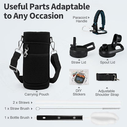 32 oz Insulated Water Bottle with Straw (Cold for 48 Hrs), Stainless Steel Triple Wall Vacuum Sports Water Jug, Leakproof Hydro Cup Flask with Paracord Handle & Straw Spout Lids & DIY Stickers