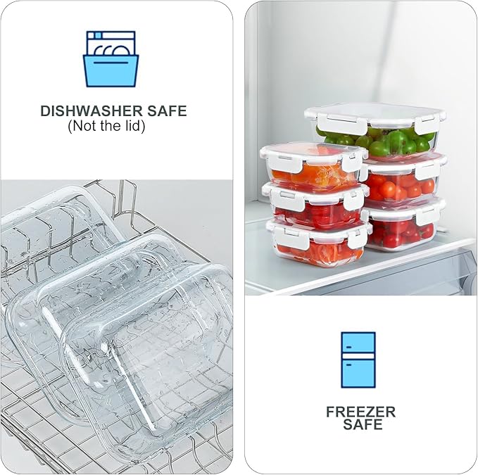 10 Pack Glass Food Storage Containers, Meal Prep Containers with Lids, Airtight Glass Lunch Boxes, Freezer, Oven, and Microwave Safe, White