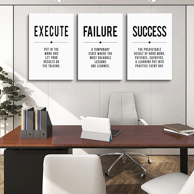 Framed Canvas Wall Art Success Quote, Office Wall Art, Black Large Poster, Positive Motivational Set of 3 Prints, Execute Failure Definition, Inspirational Print (D-3pcs,20x30inchx3pcs)