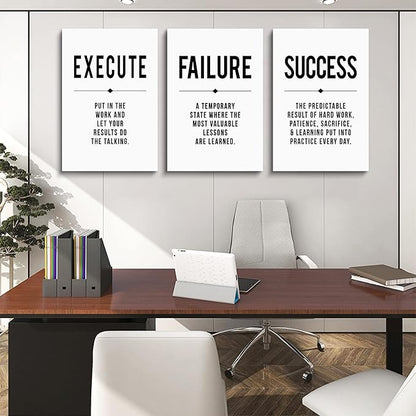 Framed Canvas Wall Art Success Quote, Office Wall Art, Black Large Poster, Positive Motivational Set of 3 Prints, Execute Failure Definition, Inspirational Print (D-3pcs,20x30inchx3pcs)