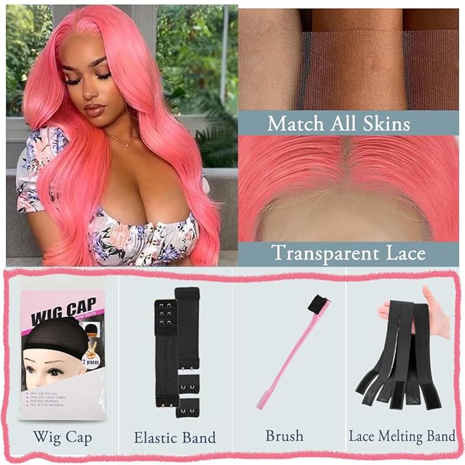 18 Inch Pink Lace Front Wig Human Hair 13x4 HD Lace Pink Body Wave Wig Human Hair Pre Plucked Colored Body Wave Wig Human Hair For Women 150% Density Strawberry Body Wave Lace Front Wig