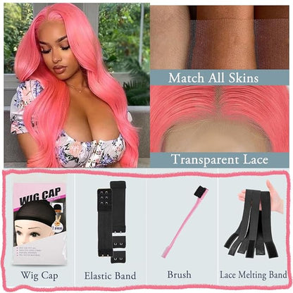 18 Inch Pink Lace Front Wig Human Hair 13x4 HD Lace Pink Body Wave Wig Human Hair Pre Plucked Colored Body Wave Wig Human Hair For Women 150% Density Strawberry Body Wave Lace Front Wig