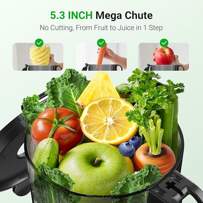 Juicer Machines,Aeitto Cold Press Juicer with 5.3“ Extra Large Feed Chute for Whole Fruits & Vegetables, Juice Extractor Machine, Self Feeding, Easy to Clean, High Juice Yield, Black