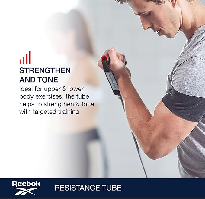 Reebok Resistance Tube Full Body Workout, Warm-Up & Strength Training Resistance Bands with Handles, Non-Slip Stretch Bands for Exercise, Fitness Bands for Men & Women