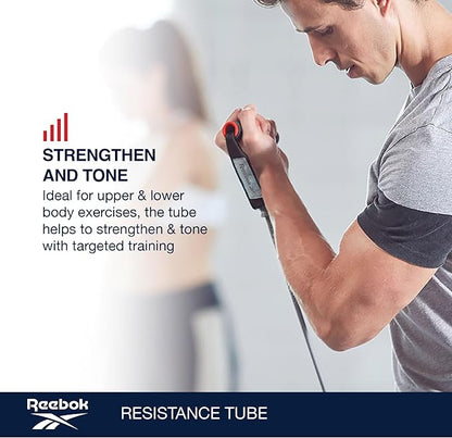 Reebok Resistance Tube Full Body Workout, Warm-Up & Strength Training Resistance Bands with Handles, Non-Slip Stretch Bands for Exercise, Fitness Bands for Men & Women