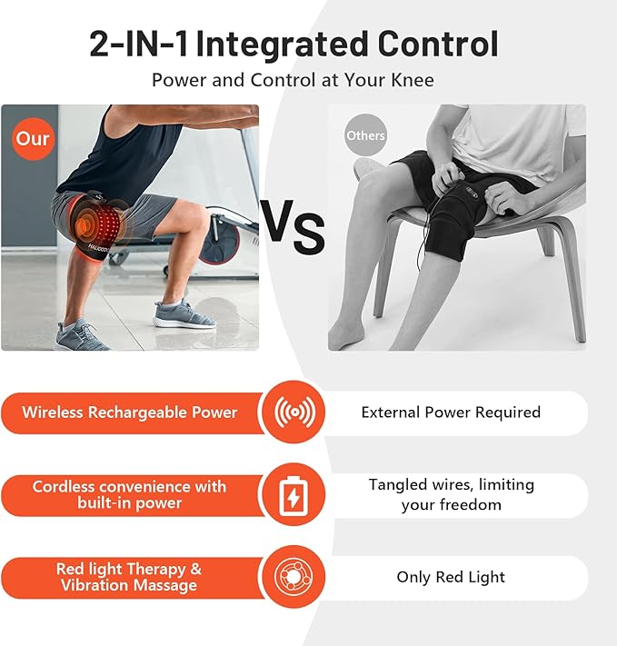 HALIDODO Red Light Therapy Knee Brace, Knee Massager with 4 Vibration Areas, Wireless Rechargeable Controller, 660nm & 850nm Red Light Therapy Heated Device for Knee/Joint/Elbow/Shoulder Pain Relief