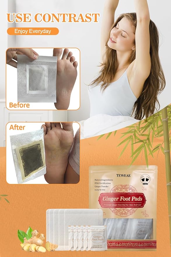 Foot Pads - 60Pads Pure Natural Ginger Powde Bamboo Vinegar Pads, Goodnight Foot Pads for Travel or Home Use