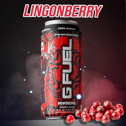 G Fuel Energy Drink, Lingonberry, Sugar Free Beverage with 300mg Caffeine, Daily Energy Boost with Focus Amino, Vitamin + Antioxidants, 16 oz Cans (PewDiePie, 12-Pack)
