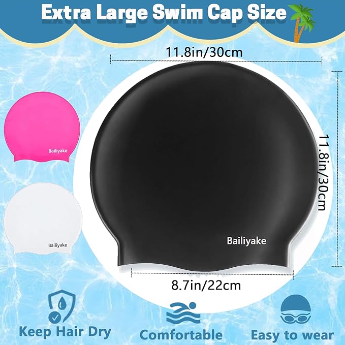 3 Pack Extra Large Swim Cap for Braids & Dreadlocks - Waterproof Silicone Swim Hat for Women with Long Thick Hair, Protective Swim Cap Cover Ears for Swimming, Shower, Bathing