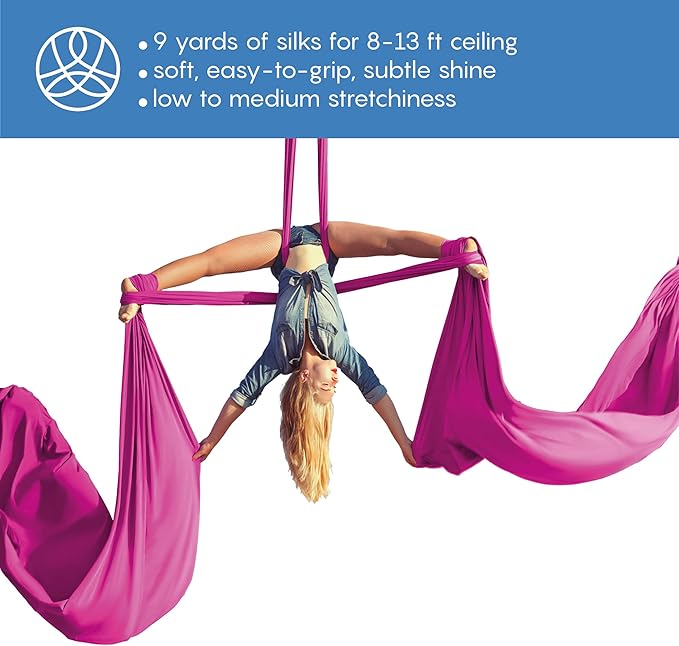 Aerial Silks Starter Kit - Durable 9 Yards of Aerial Yoga Hammock with Hardware & Guide - Aerial Swing for Acrobatic Flying Yoga & All Levels (Aerial Rigging Point Up to 13ft)