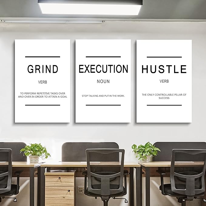 Framed Canvas Wall Art Success Quote, Office Wall Art, Black Large Poster, Positive Motivational Set of 3 Prints, Grind Execution Hustle Poster, Inspirational Print (C-3pcs,24x36inchx3pcs)